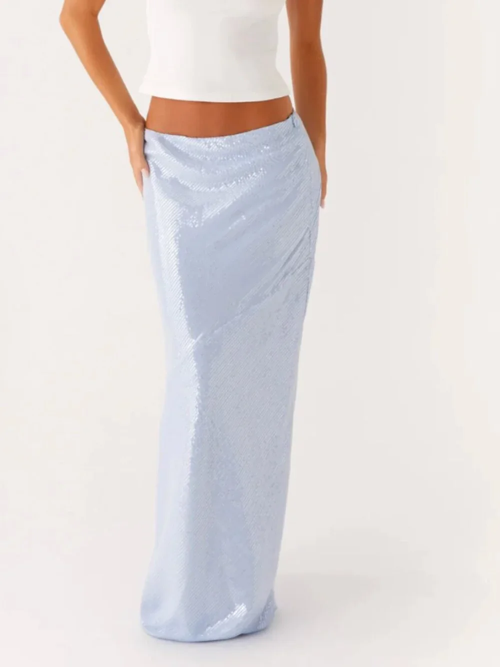 Peppermayo NWT Algorithm Sequin Maxi Skirt Light Blue Low Rise Party Size US 8